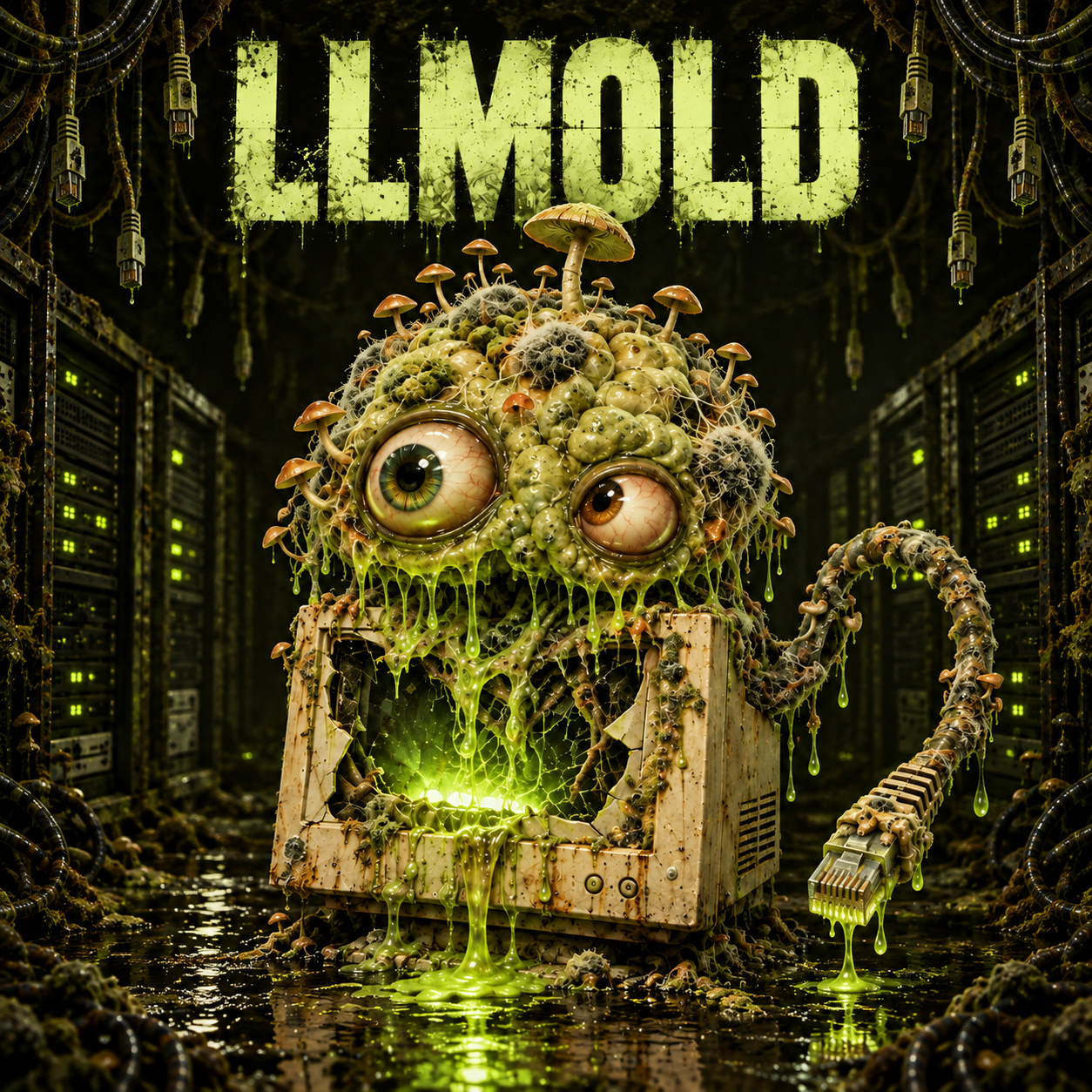 LLMOLD, a fungal creature emerging from a broken CRT computer